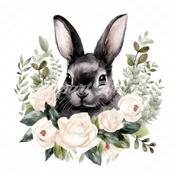 20 High-Quality Black Bunny With White Roses Clipart - Bunny digital watercolor JPG instant download for commercial use - Digital download