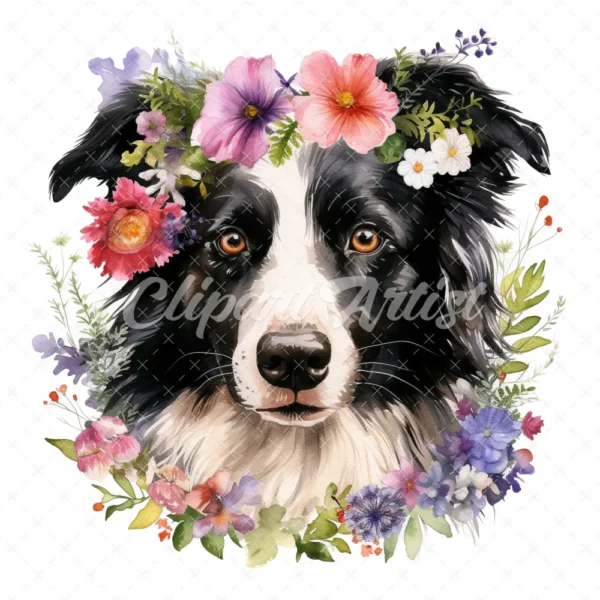 20 High-Quality Floral Border Collie Clipart - Border collie digital watercolor JPG instant download for commercial use - Digital download
