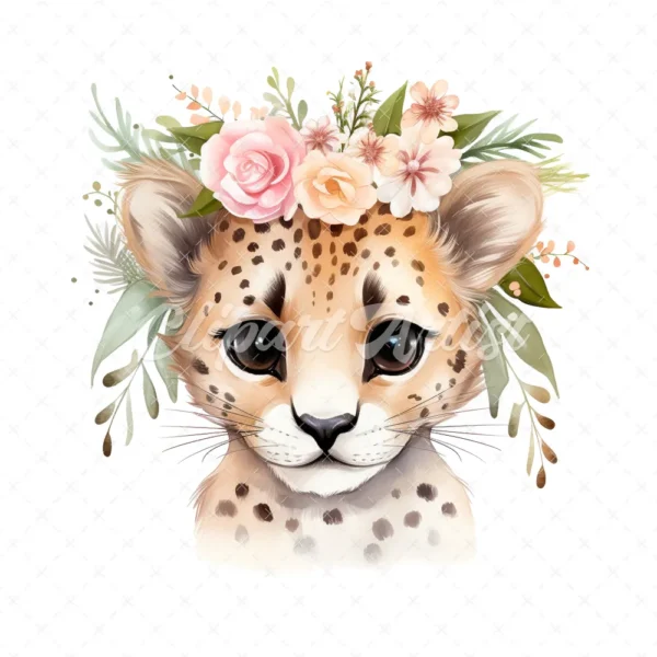 20 High-Quality Floral Cute Cheetah Clipart - Cute cheetah digital watercolor JPG instant download for commercial use - Digital download