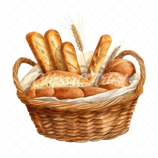 20 High-Quality Bread Basket Clipart - Bread basket digital watercolor JPG instant download for commercial use - Digital download