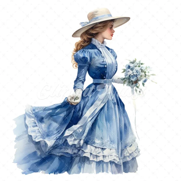 20 High-Quality Blue Victorian Dress Clipart - Victorian dress digital watercolor JPG instant download for commercial use - Digital download