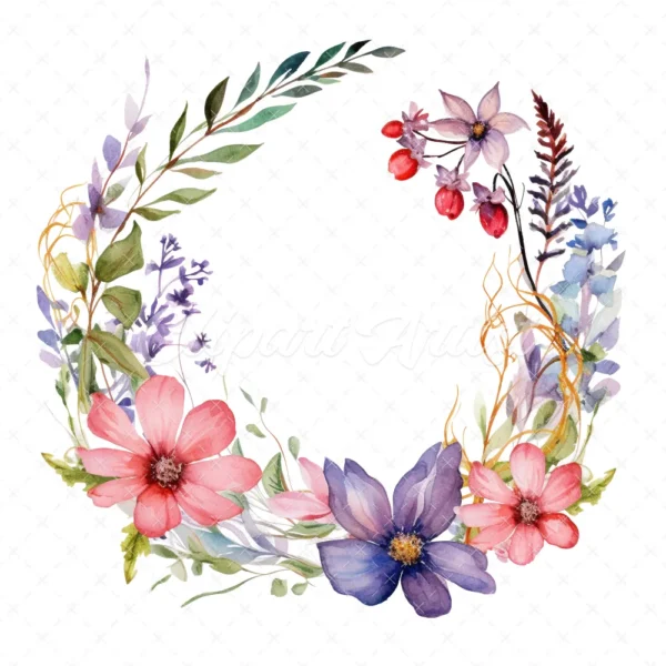 20 High-Quality Wildflowers Wreath Clipart - Wildflower wreath digital watercolor JPG instant download for commercial use - Digital download