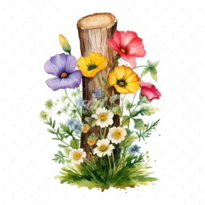 20 High-Quality Wildflowers on Tree Trunk Clipart - Wildflower digital watercolor JPG instant download for commercial use - Digital download