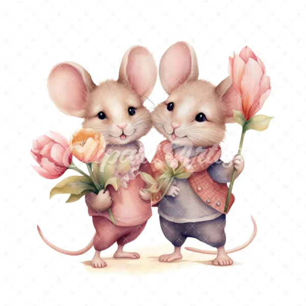 20 High-Quality Mice Holding Tulip Clipart - Mice tulip digital watercolor JPG instant download for commercial use - Digital download