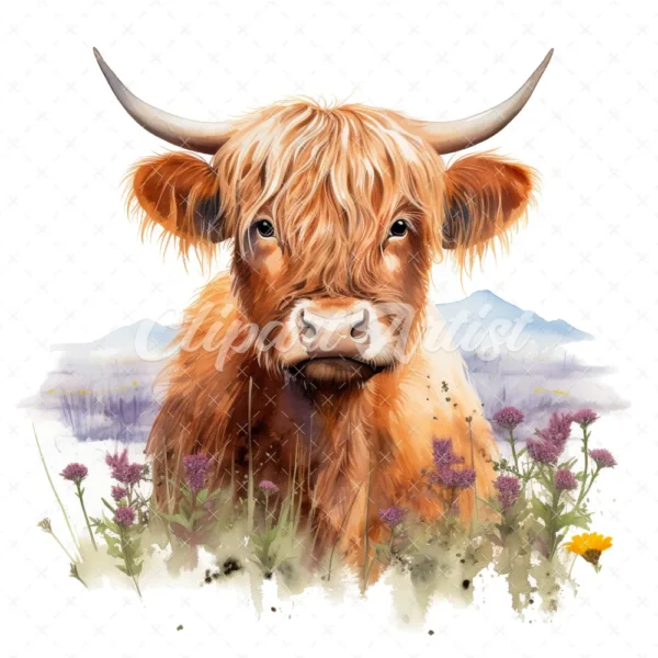 19 High-Quality Highland Cow in Grass Clipart - Highland cow digital watercolor JPG instant download for commercial use - Digital download