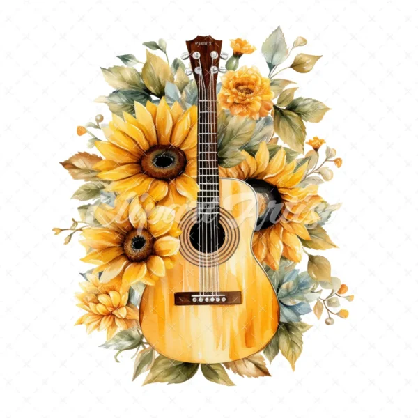 20 High-Quality Sunflowers Guitars Clipart - Sunflowers guitar digital watercolor JPG instant download for commercial use - Digital download