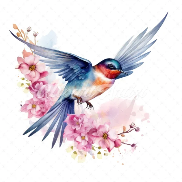 20 High-Quality Floral Swallow Clipart - Floral swallow digital watercolor JPG instant download for commercial use - Digital download