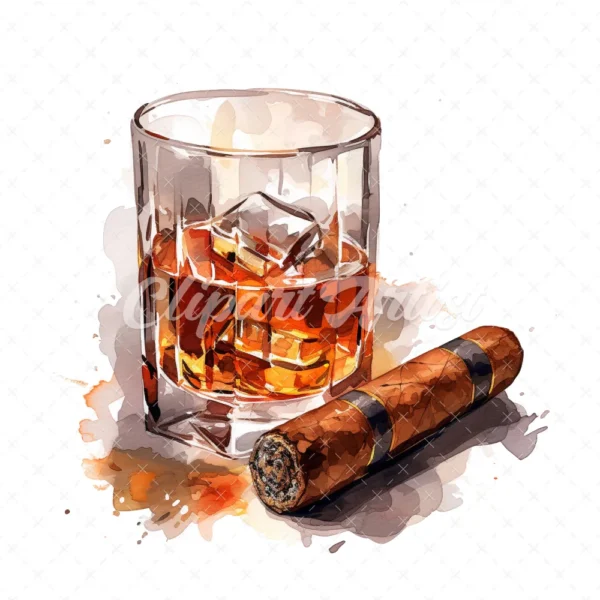 20 High-Quality Cigar Glass of Whisky Clipart -Cigar whisky digital watercolor JPG instant download for commercial use - Digital download
