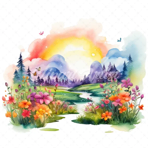 22 High-Quality Rainbow Meadow Clipart - Rainbow meadow digital watercolor JPG instant download for commercial use - Digital download