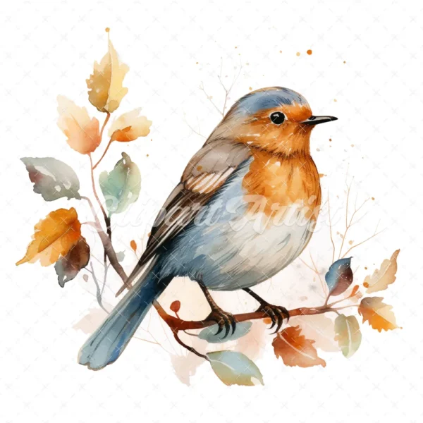 20 High-Quality Robin on Dry Leaf Clipart - Birds digital watercolor JPG instant download for commercial use - Digital download