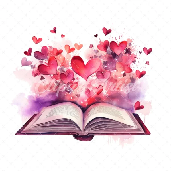 20 High-Quality Open Book With Hearts Clipart - Open book digital watercolor JPG instant download for commercial use - Digital download