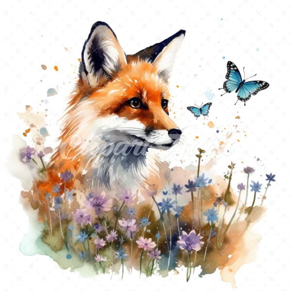 19 High-Quality Fox and Butterfly Clipart - Fox and butterfly digital watercolor JPG instant download for commercial use - Digital download