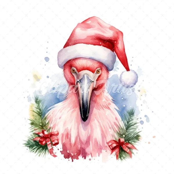 20 High-Quality Flamingo Santa Hat Clipart - Flamingo hat digital watercolor JPG instant download for commercial use - Digital download