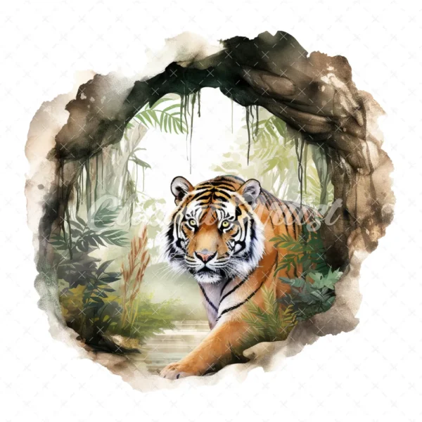20 High-Quality Forest Cave Tiger Clipart - Cave tiger digital watercolor JPG instant download for commercial use - Digital download
