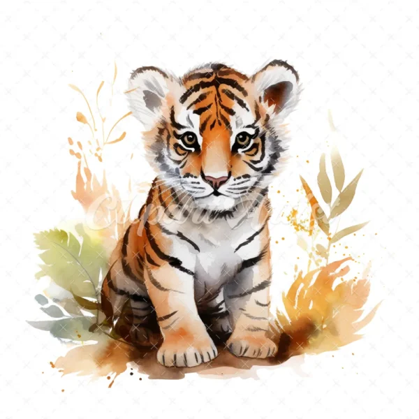 20 High-Quality Forest Tiger Cub Clipart - Forest tiger cub digital watercolor JPG instant download for commercial use - Digital download