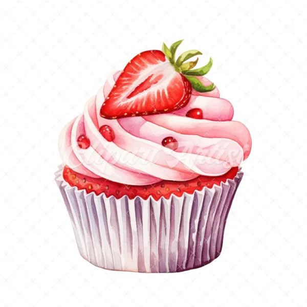 20 High-Quality Strawberry Cupcake Clipart - Cupcake digital watercolor JPG instant download for commercial use - Digital download