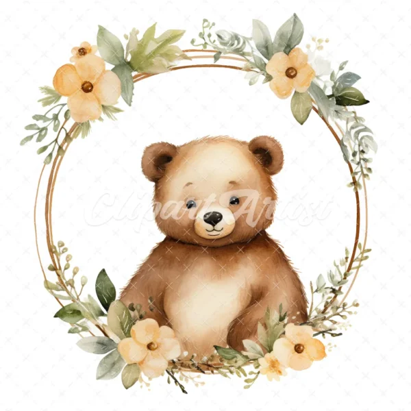 20 High-Quality Bear In Round Frame Rack Clipart - Bear frame digital watercolor JPG instant download for commercial use - Digital download