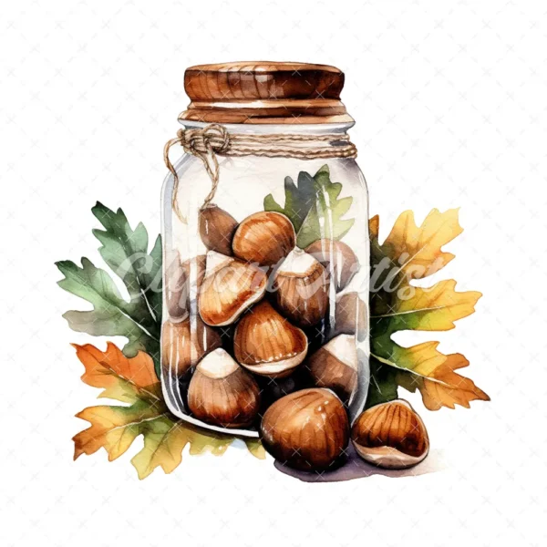 20 High-Quality Acorns Jar Clipart - Acorns jar digital watercolor JPG instant download for commercial use - Digital download