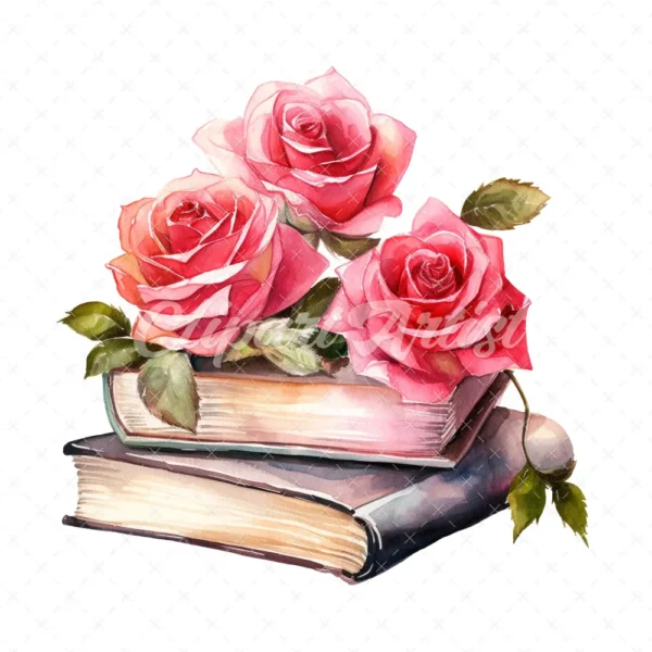 20 High-Quality Rose Books Clipart - Rose books digital watercolor JPG instant download for commercial use - Digital download