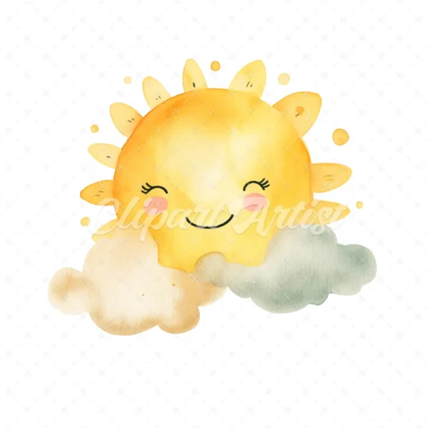 18 High-Quality Cute Sun and Cloud Clipart - Cute sun cloud digital watercolor JPG instant download for commercial use - Digital download