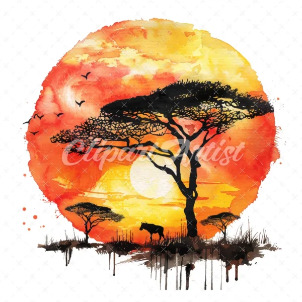 21 High-Quality African Sunset Clipart - African sunset digital watercolor JPG instant download for commercial use - Digital download
