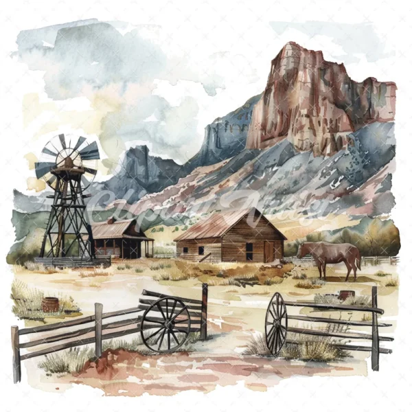 19 High-Quality Old West Clipart - Old west landscape digital watercolor JPG instant download for commercial use - Digital download