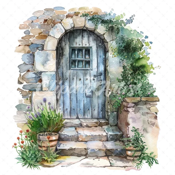 20 High-Quality Doors on Countryside Clipart - Floral doors digital watercolor JPG instant download for commercial use - Digital download
