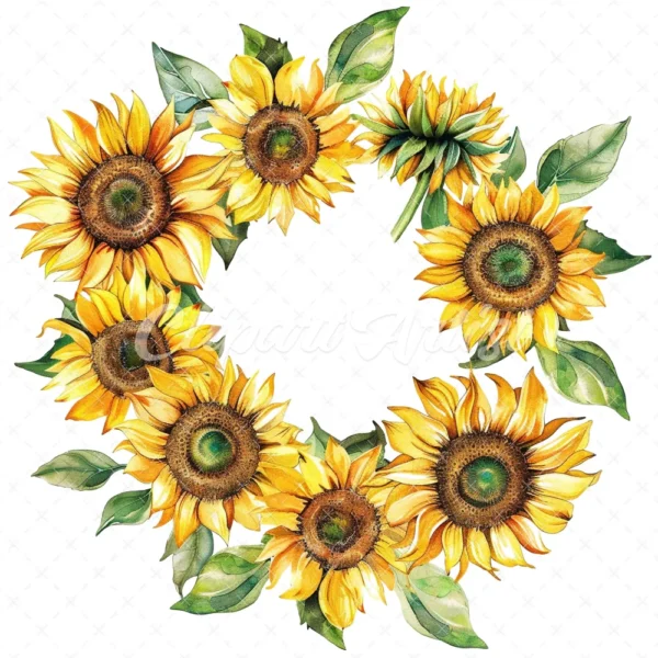 20 High-Quality Sunflowers Wreath Clipart - Sunflowers wreath digital watercolor JPG instant download for commercial use - Digital download