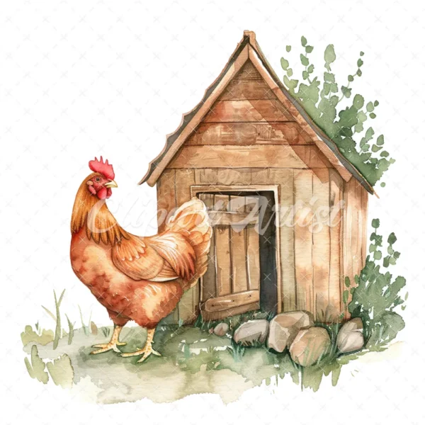 20 High-Quality Chicken Coop Clipart - Chicken coop digital watercolor JPG instant download for commercial use - Digital download