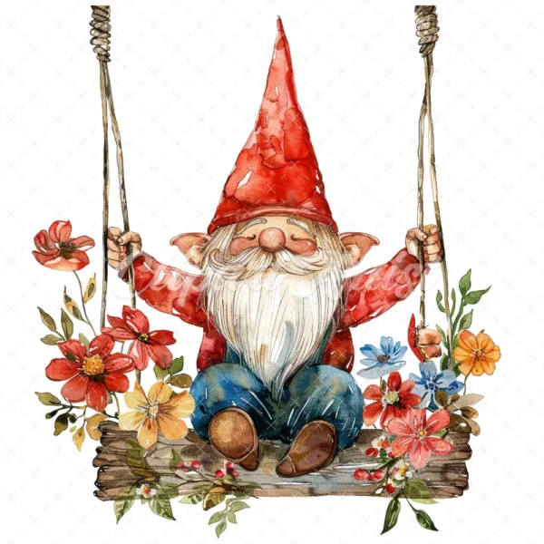 18 High-Quality Gnome on Swing Clipart - Gnome on swing wreath digital watercolor JPG instant download for commercial use - Digital download