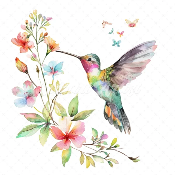 20 High-Quality Floral Hummingbird Clipart - Hummingbird digital watercolor JPG instant download for commercial use - Digital download