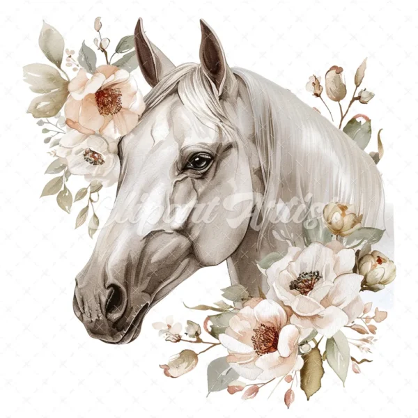 20 High-Quality White Floral Horse Clipart - White horse digital watercolor JPG instant download for commercial use - Digital download