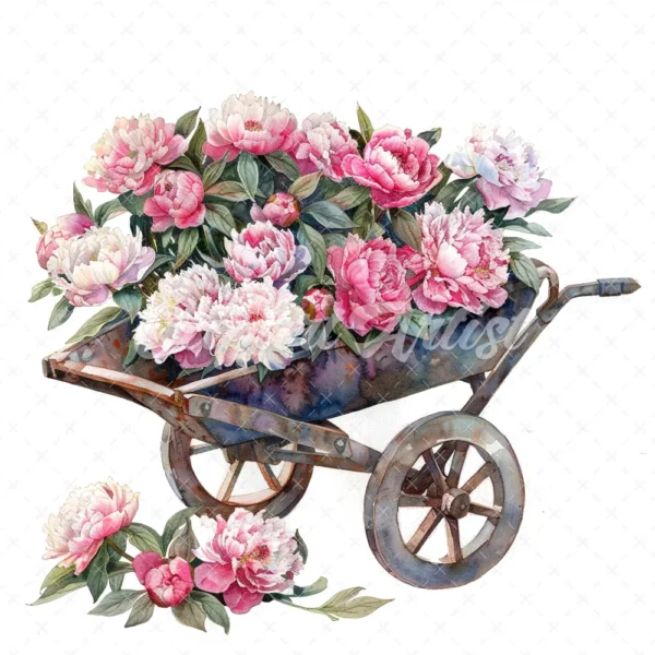 20 High-Quality Peonies Wheelbarrow Clipart - Wheelbarrow digital watercolor JPG instant download for commercial use - Digital download