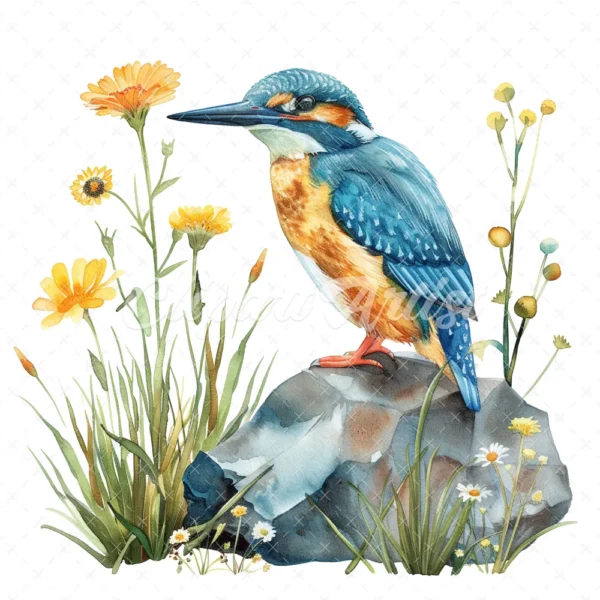 20 High-Quality Floral Kingfisher Clipart - Floral kingfisher digital watercolor JPG instant download for commercial use - Digital download