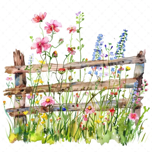 20 High-Quality Fence Wildflowers Clipart - Fence wildflowers digital watercolor JPG instant download for commercial use - Digital download