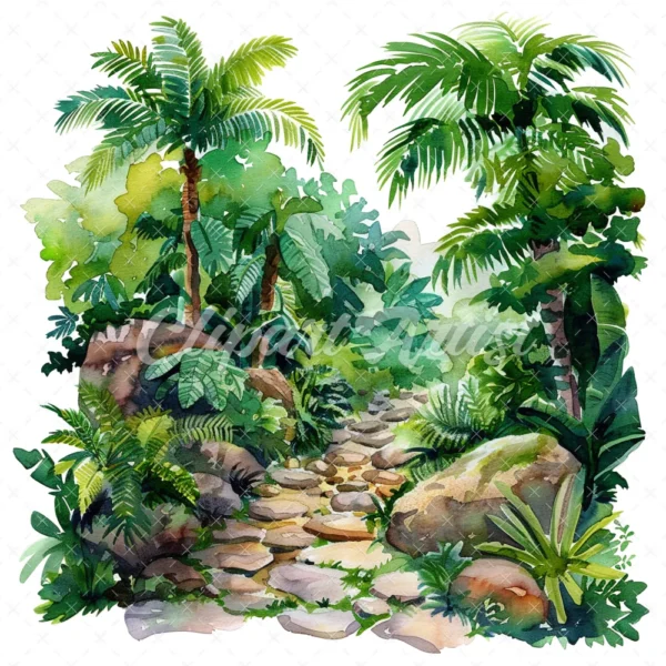 20 High-Quality Jungle Rocky Path Clipart - Jungle rocky path digital watercolor JPG instant download for commercial use - Digital download