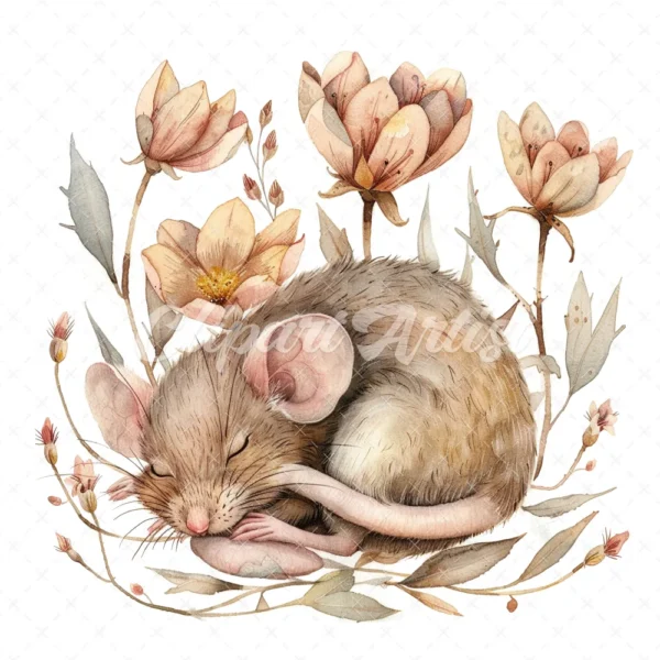 20 High-Quality Mice Sleep In Flower Clipart - Mice sleep digital watercolor JPG instant download for commercial use - Digital download