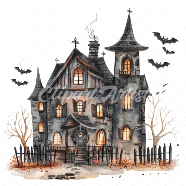 20 High-Quality Haunted House Clipart - Haunted house digital watercolor JPG instant download for commercial use - Digital download