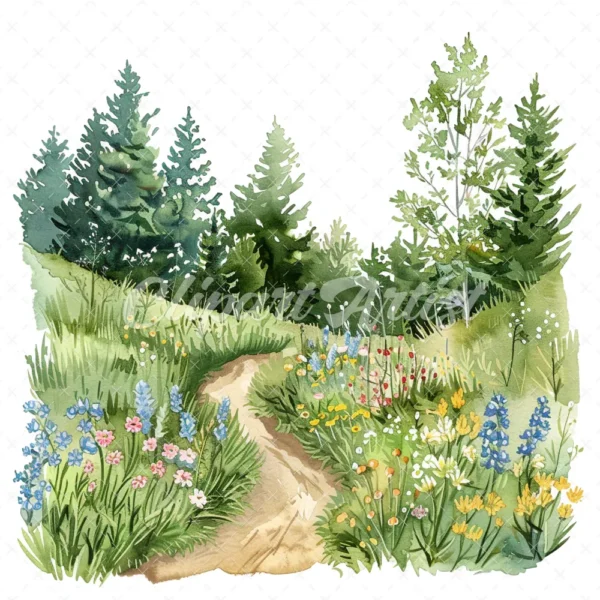 18 High-Quality Spring Meadow Trail Clipart - Spring meadow trail watercolor JPG instant download for commercial use - Digital download