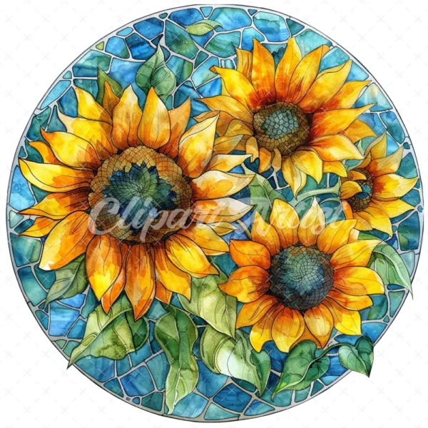 20 High-Quality Stained Glass Sunflowers Clipart - Sunflowers digital watercolor JPG instant download for commercial use - Digital download