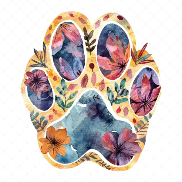 20 High-Quality Floral Paw Prints Clipart - Floral paw prints digital watercolor JPG instant download for commercial use - Digital download