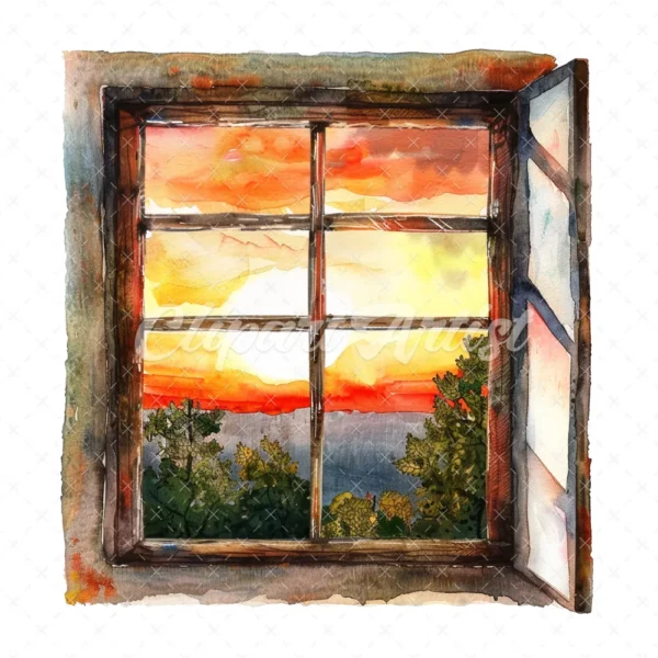 20 High-Quality Sunset Window Clipart - Sunset window digital watercolor JPG instant download for commercial use - Digital download