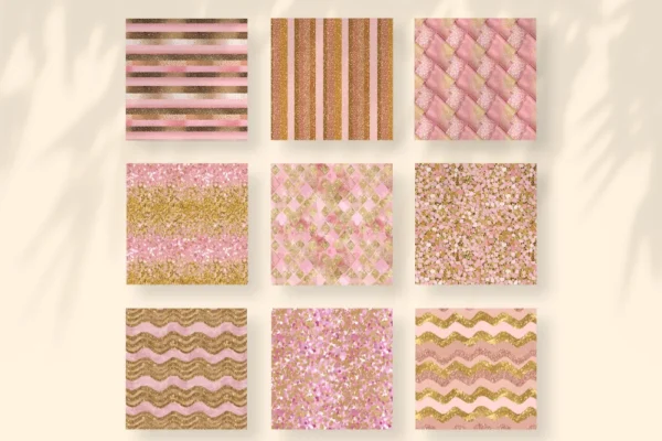 Pink and Gold Glam Glitter Seamless Digital Paper - 60 Scrapbook patterns, Baby shower background, Wedding, Commercial use, Digital download