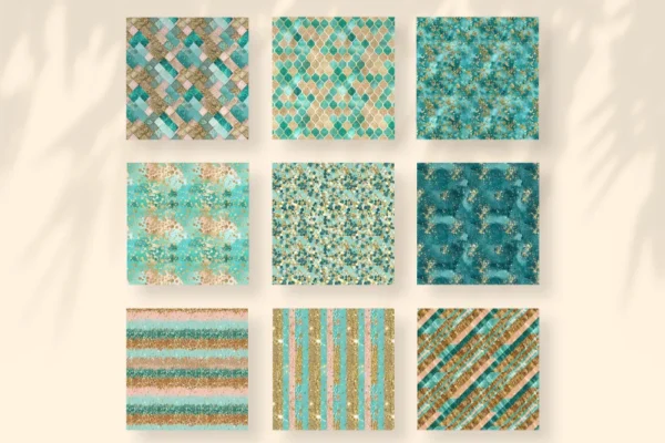 Teal and Gold Seamless Digital Paper - 63 Scrapbook patterns, Teal gold textures, Future journal and cards, Commercial use, Digital download