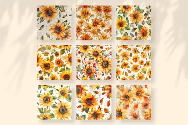 Sunflowers Seamless Digital Paper - 64 Scrapbook patterns, Seamless autumn backgrounds, Fall texture paper, Commercial use, Digital download