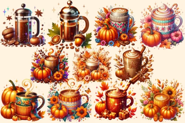 Autumn Coffee PNG Clipart Collection - 43 PNG, Warm beverage graphics, Autumn inspired illustrations, Commercial use, Digital download