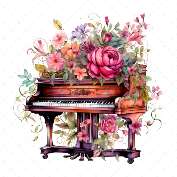 20 High-Quality Floral Piano Clipart - Floral piano digital watercolor JPG instant download for commercial use - Digital download