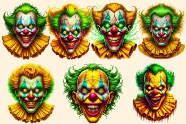 Psycho Clowns PNG Clipart Collection - 31 PNG, Spooky clown illustrations, Haunted circus graphics, Commercial use, Digital download