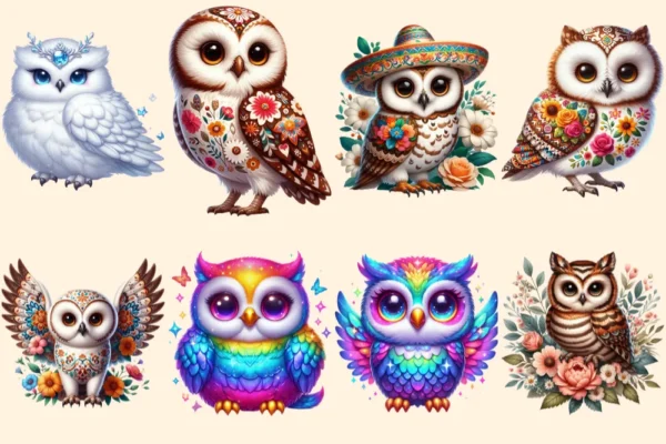 Owls (P-2) PNG Clipart Collection - 40 PNG, Charming owl illustrations, Forest creature printables, Commercial use, Digital download