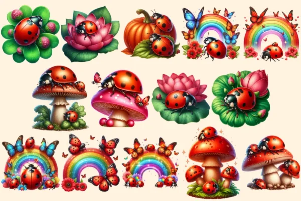 Ladybugs (P-2) PNG Clipart Collection - 54 PNG, Charming little bug illustrations, Lovable red insect art, Commercial use, Digital download